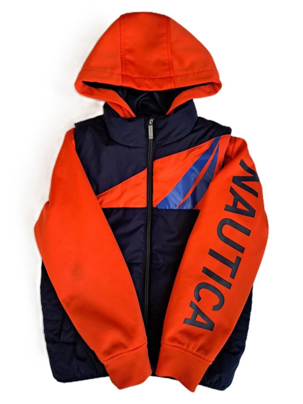 Nautica Boys Size 8 (S) Puffer Jacket Hooded Orange Navy Blue Full Zip Coat